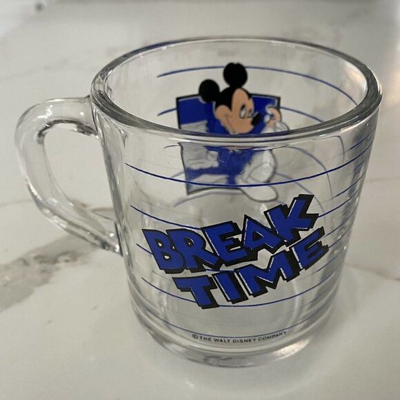 Vintage Walt Disney Mickey Mouse Mug Break Time Clear Glass Cup 80s - Picture 2 of 5